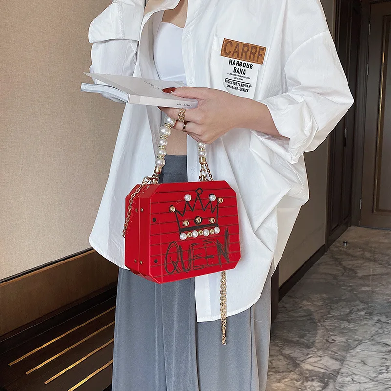 

New arrival graffiti fashion purse pearl handle shoulder bag solid hard acrylic queen printing ladies handbags 2021, 7colors