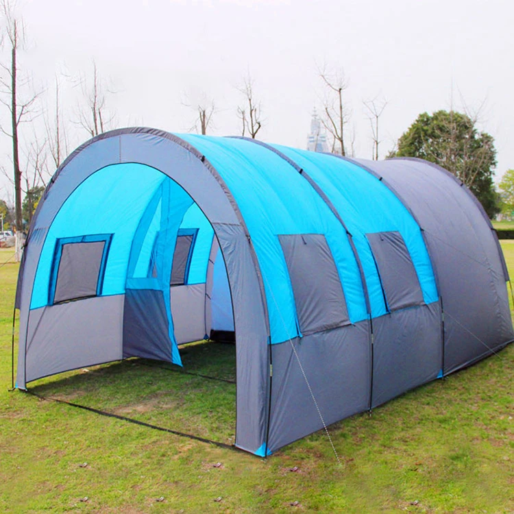 

5-8 Person Big Space Camping Tent Huge Travel Tunnel Tent House for Family Team Party Waterproof Double Layer Travel Tent, Blue&grey
