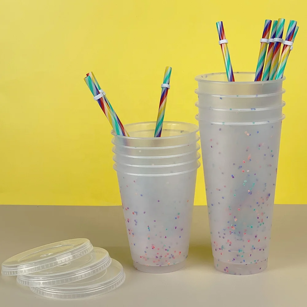 

2022 24Oz Plastic Cold Color Changing Coffee Mug Confett Cup With Lip Straw For Party, Customized color