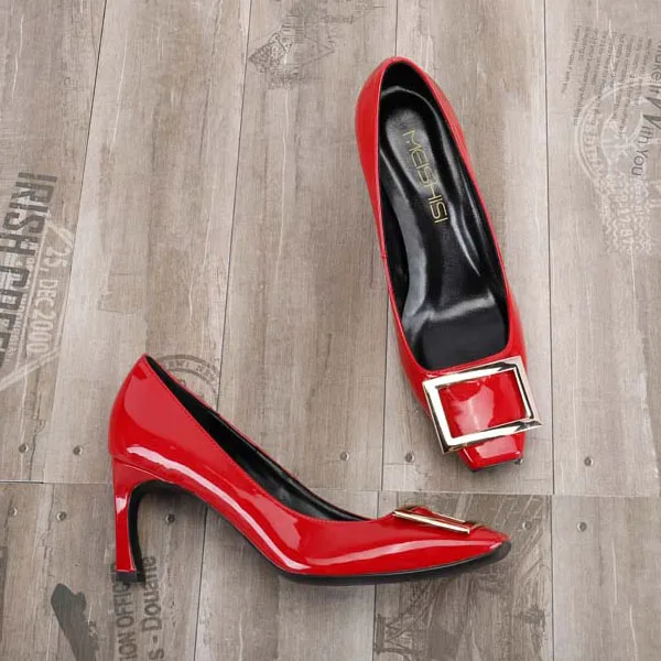 

Goxeou 2020 New Style Women Fashion High Heels Pumps Square Toe Metal Brooch Business Office Factory Manufacturer Direct Custom