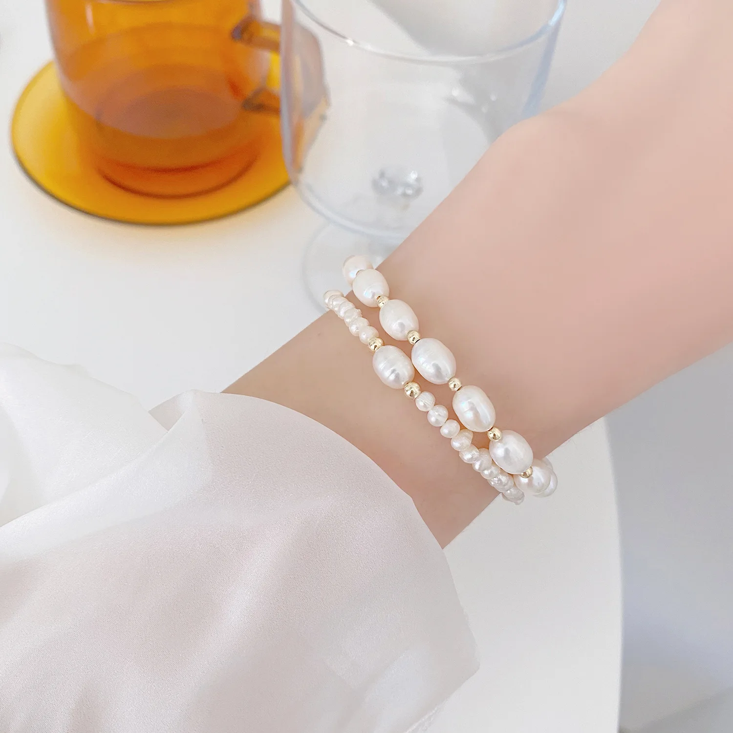 

French Vintage Style Double Layer Freshwater Pearl Beaded Chain Bracelet Baroque Fresh Water Pearl Bracelet