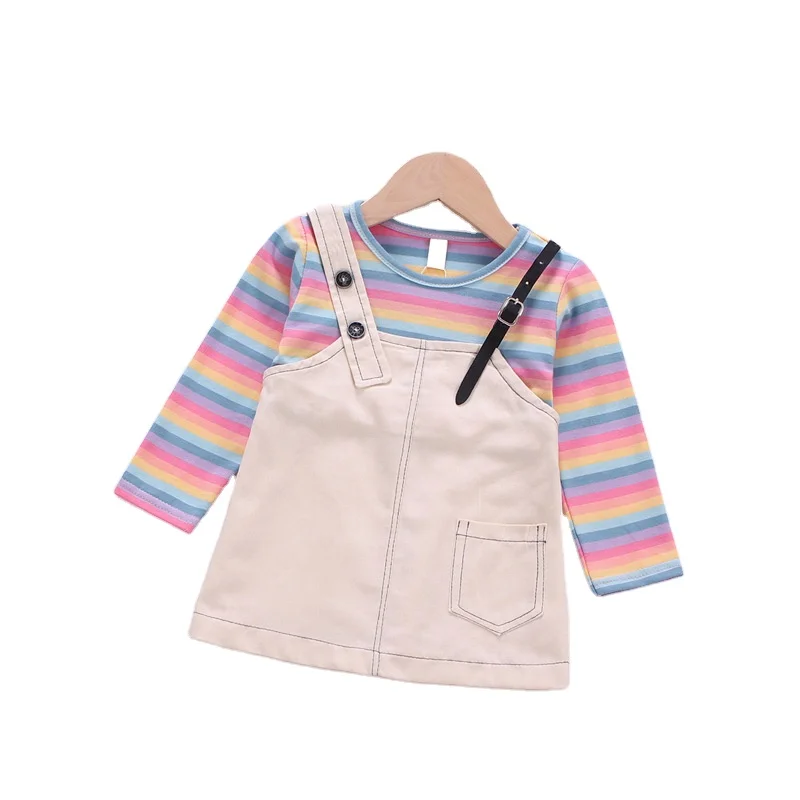 

2021 New Korean Children Suspenders Kid Girls Skirt Rainbow Color Blouse Splicing Dress Foreign Trade Creative Girl Skirt, Beige, light purple, ginger, light pink