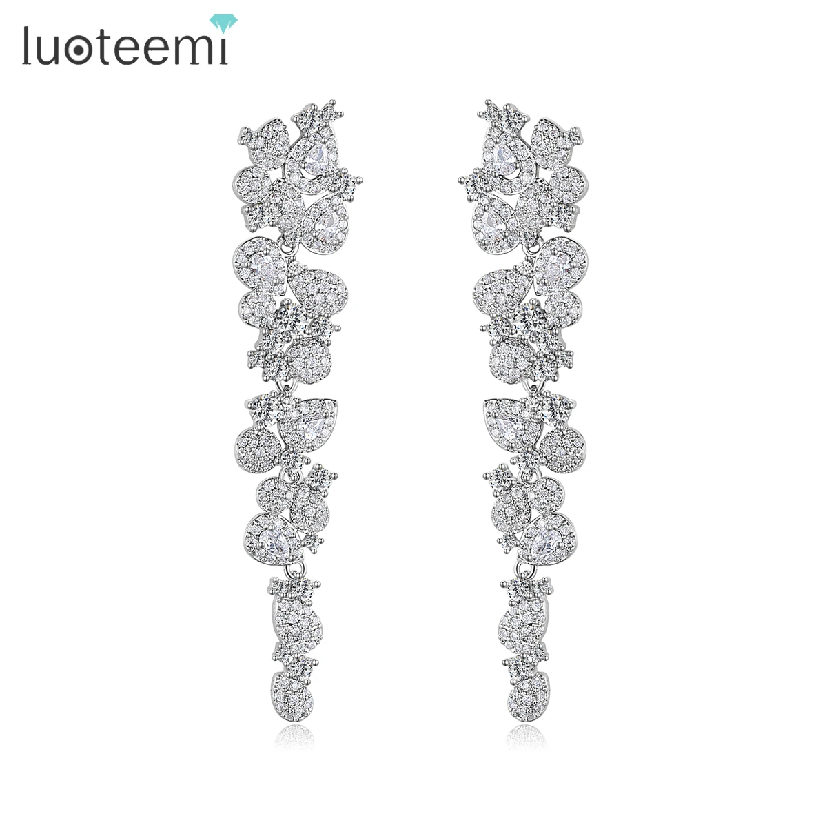 

LUOTEEMI Wholesale Boho Long Drop Earrings Rhodium Plated Brass Full Diamond Zircon Bling Tassel Flower Earrings