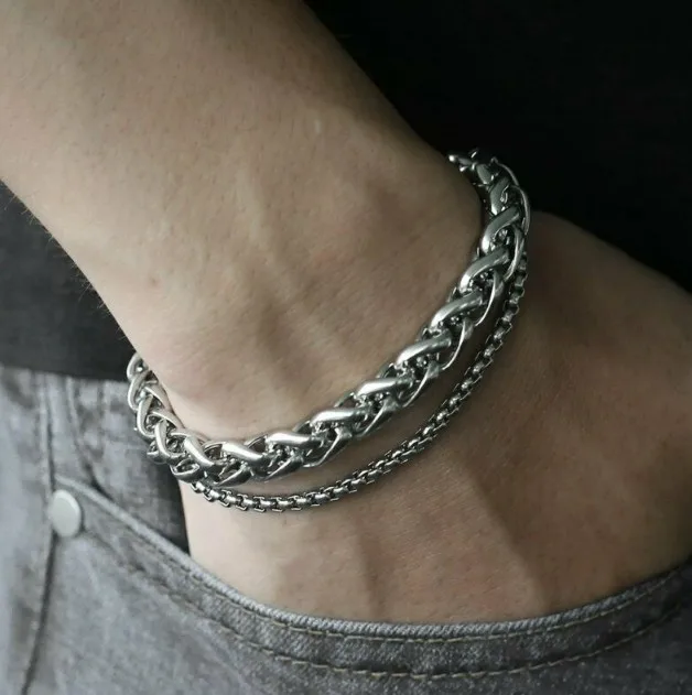 

Hips Hops Men's 316l Stainless Steel Multilayer Chain Link Bracelet Titanium Steel Double Chain Bracele