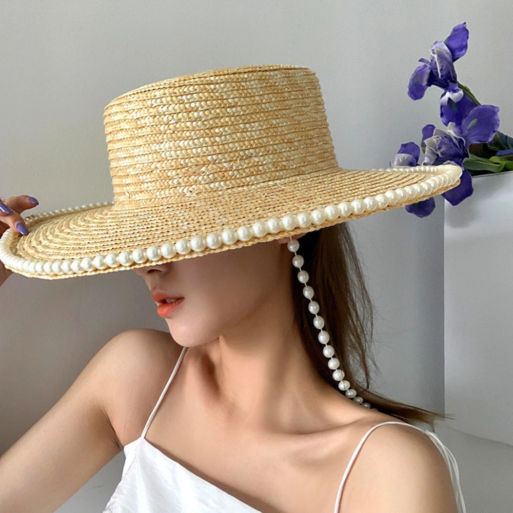 

New fashion Pearl Decoration summer straw hat fedora beach hats sun For Women Flat Top Jazz Fedoras Panama Straw Hat peal Girdle