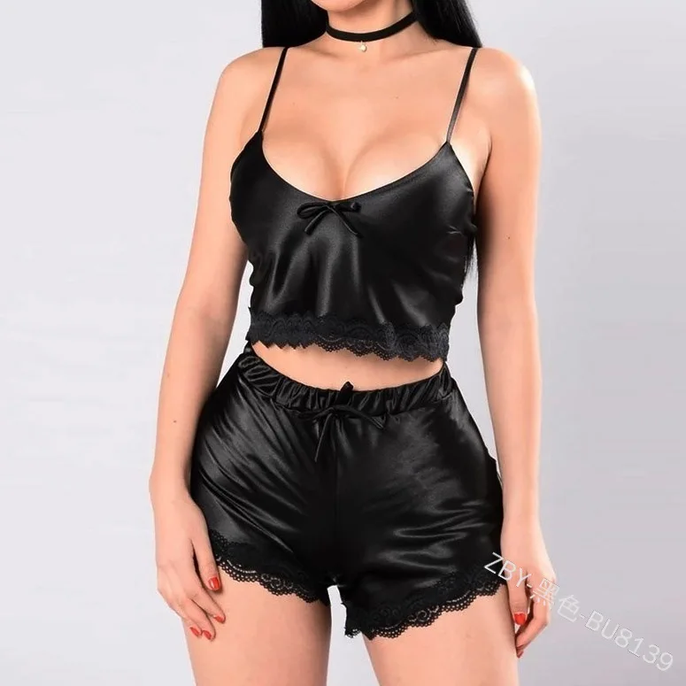 

Wholesale Hot Sale Summer Lingerie Lace Silk Pajamas Set Pink Camisole Sleepwear 2 Pieces Nightwear For Women Bathing Wear, Customized color