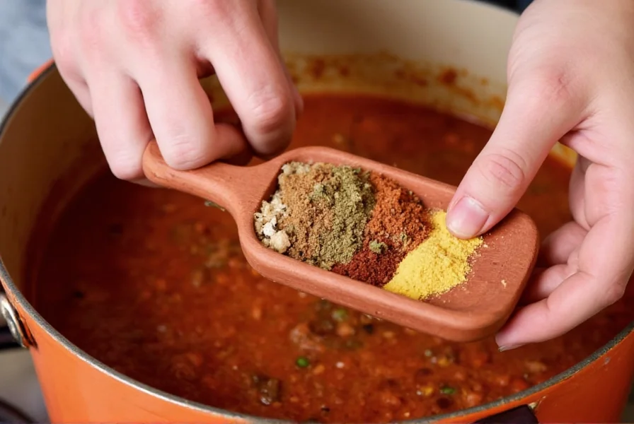 Hands layering spices into simmering chili pot showing proper seasoning technique for homemade chili