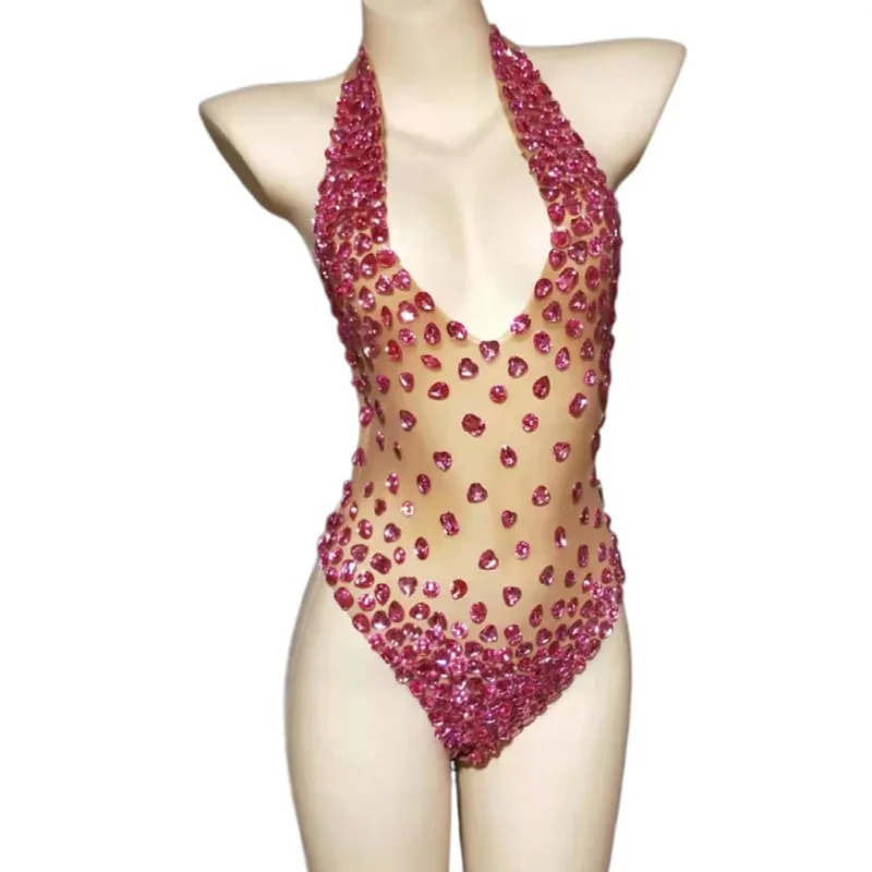 

Sexy See Through Halterneck Backless Rhinestone Leotard Crystal One Piece Jumpsuit Pole Dance Stage Costume Women Club Bodysuits