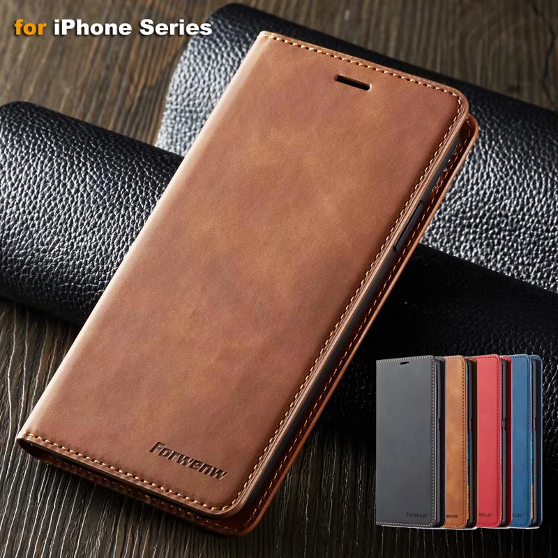 

Flip Case for iPhone 12 11 Pro XS Max mini X Xr 7 8 Plus SE Case for iPhone12 Magnetic Leather Wallet Mobile Phone Case Cover, Black brown red blue