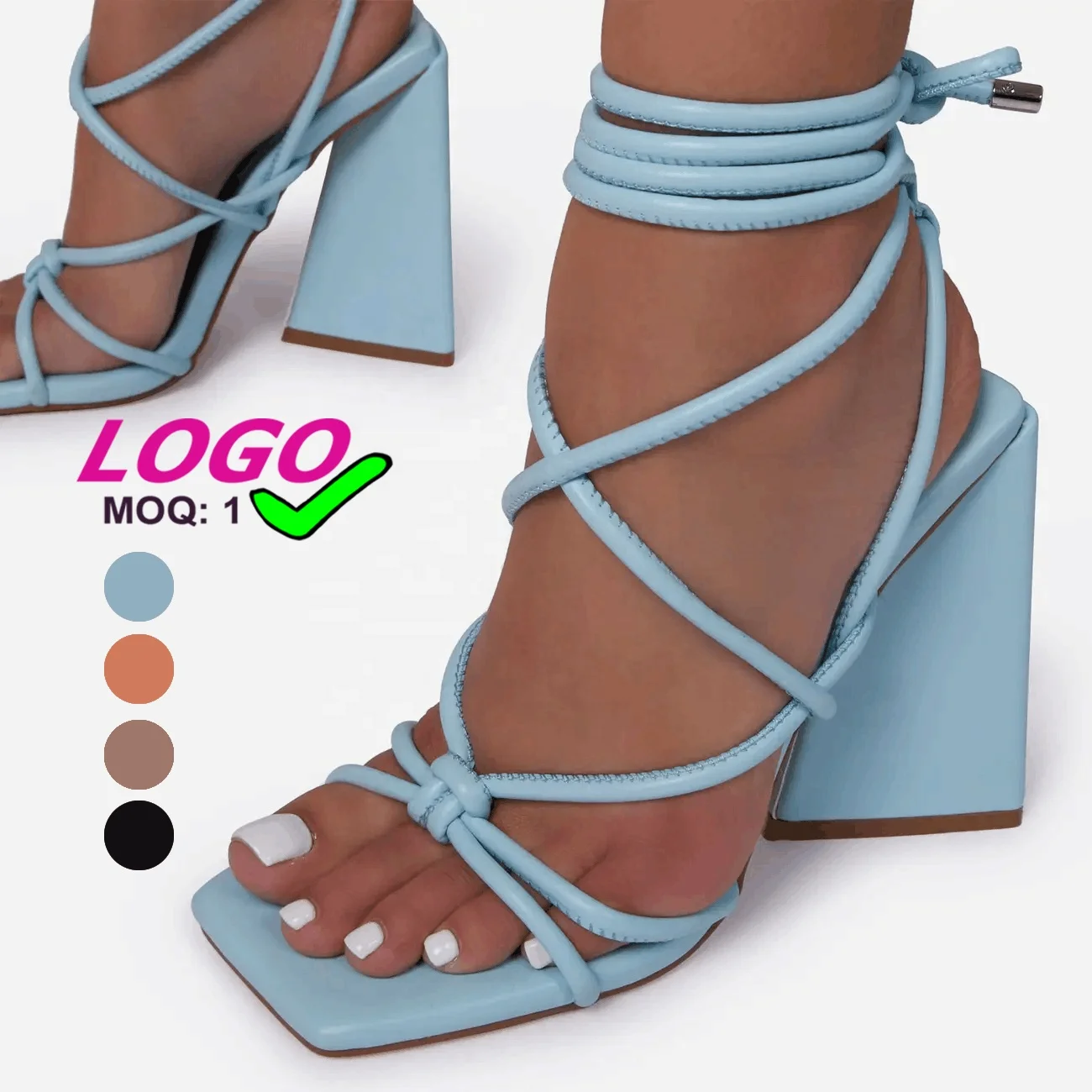 

Dropshippingshoe manufacturer custom heels women cross strap block heel sandals ladies custom women high heel shoes, Black, blue, apricot, orange