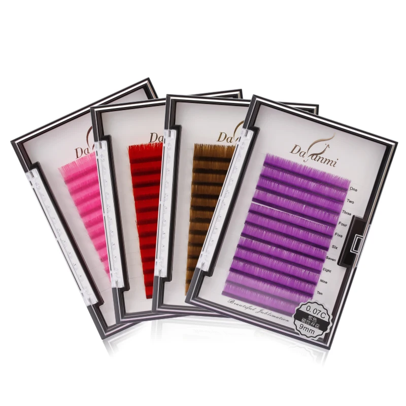 

0.07mm Colored Easy Fan Lashes Extensions Trays Private Label Pink Brown Purple Red Eye Lashes with Color Wholesale C Curl, Pink, purple, brown, red