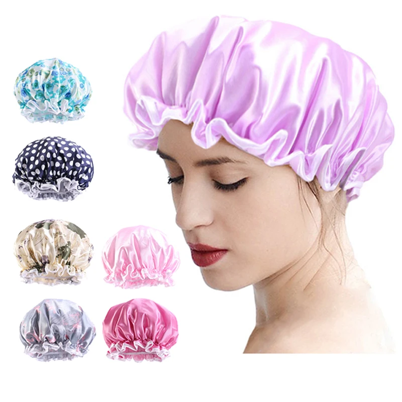 

high quality double layer custom printed luxury satin shower cap waterproof PE inner bonnets turban women reusable wholesale, 10 colors