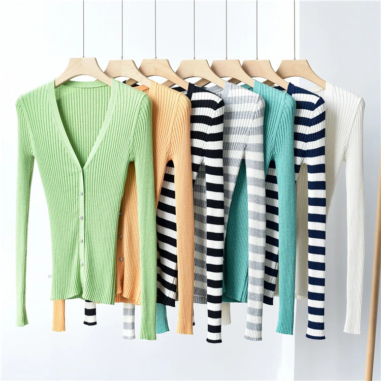 

New craftsman made 48-count cashmere knit pullover pit stripe V-neck slim fit cardigan women, Customized color