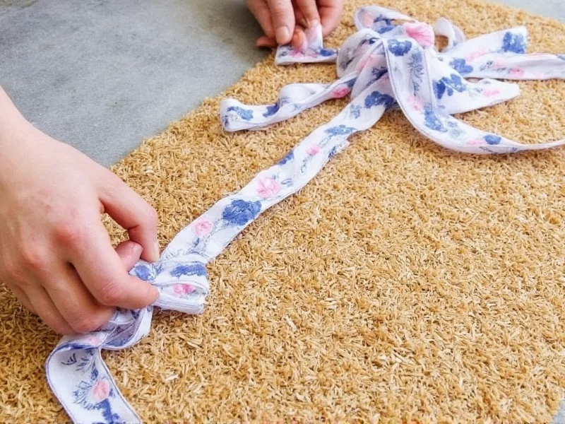 Applying fabric strips to coir base for DIY doormat