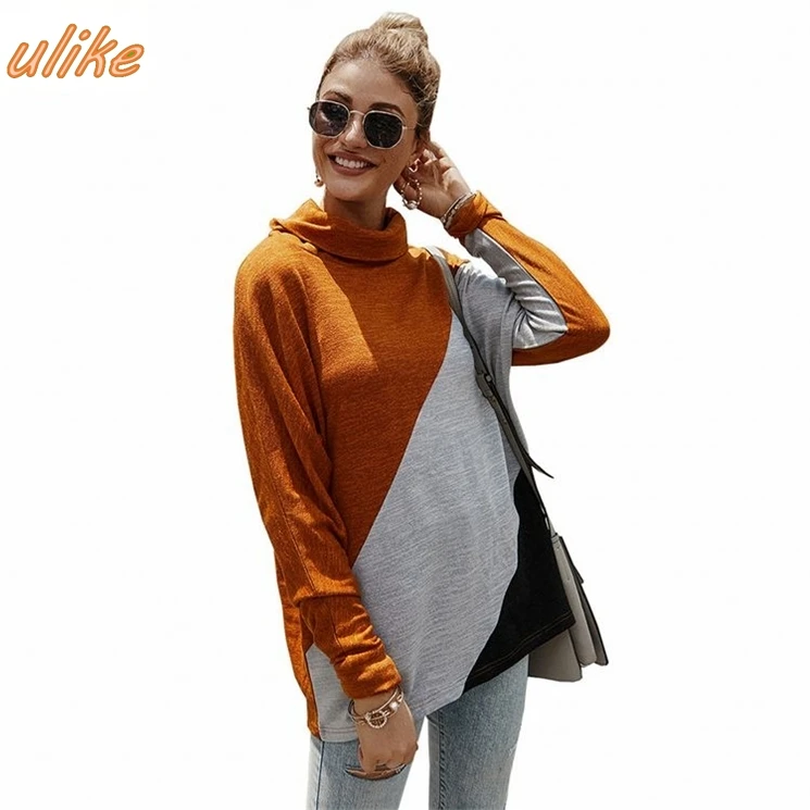 

Hot sale fashion casual patchwork color Thin Long Sleeve High Turtle Neck Pullover Sweatshirt For Women