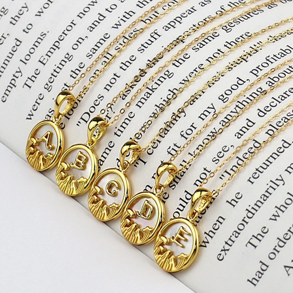 

18K Gold Plated Fashion Jewelry Necklace Women Inspirational Letter Necklace Coin Shape Shell Initial Necklace