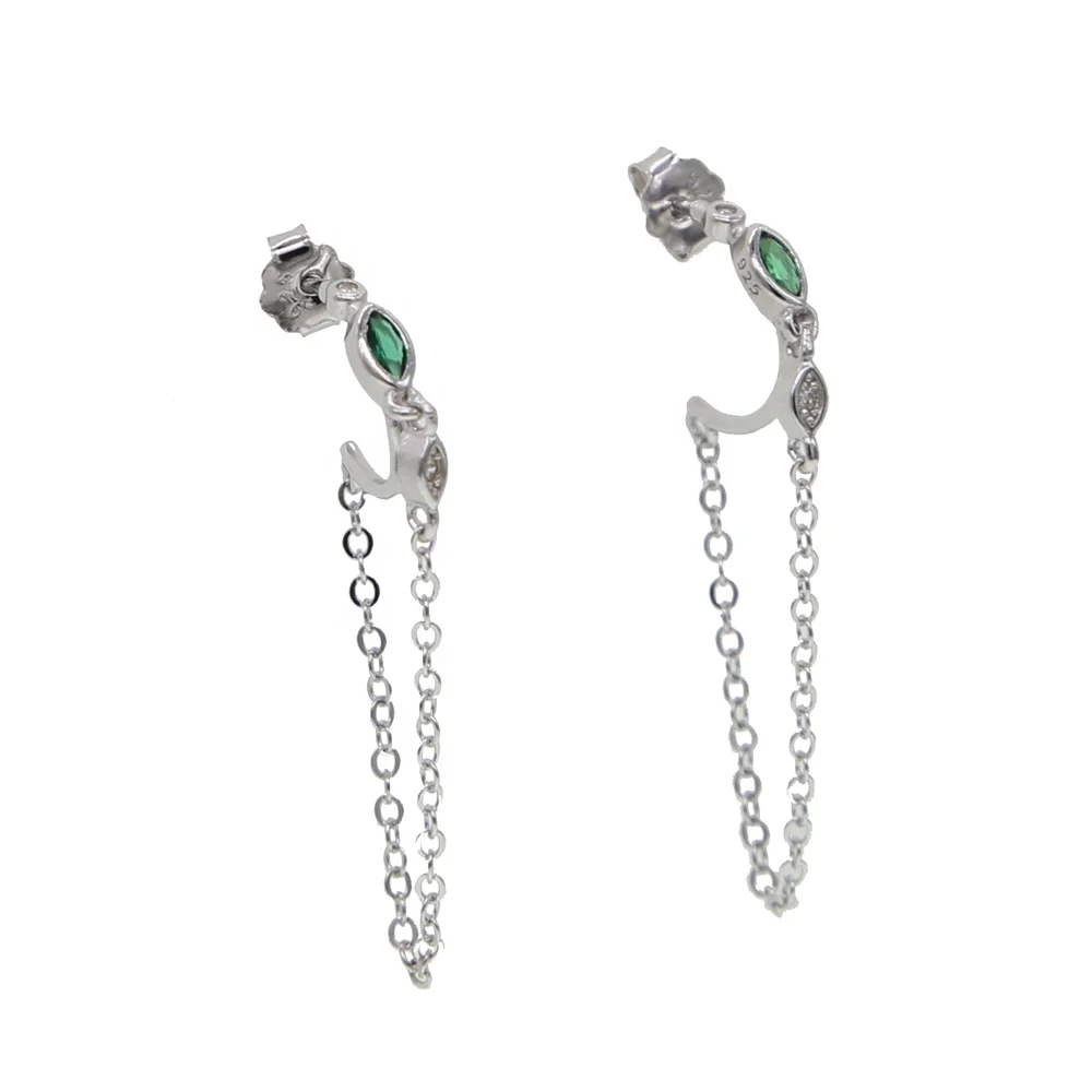 

Minimal minimalist 925 sterling silver jewelry small stud white green cz tassel chain Romantic silver earring for women