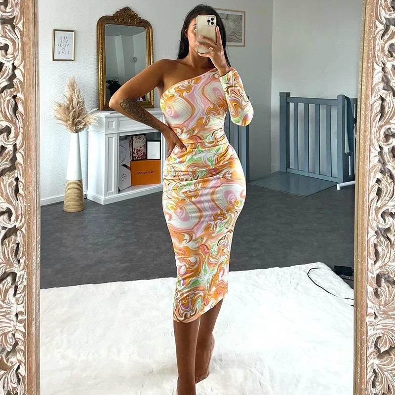 

H8753 - high quality ladies fashion printed one shoulder dresses