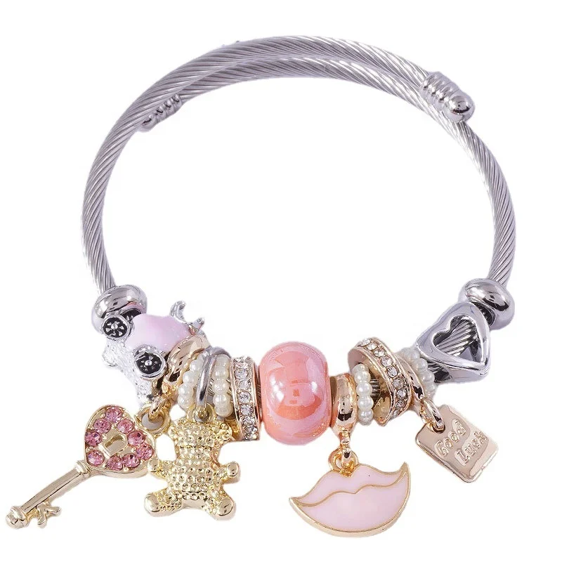 

New diy cartoon key love Pearl bear pendant adjustable ladies tassel bracelet