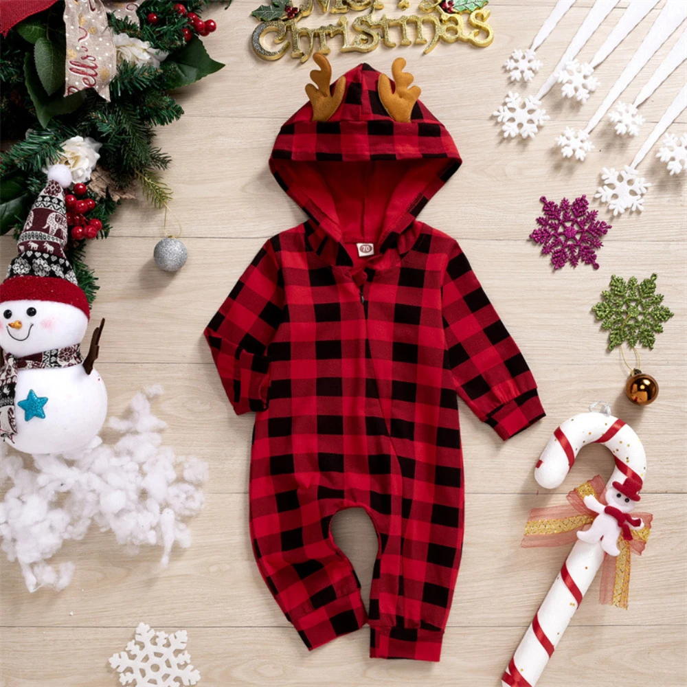 

baby Christmas outfits plaid hooded baby romper newborn baby jumpsuit new born christmas onesie