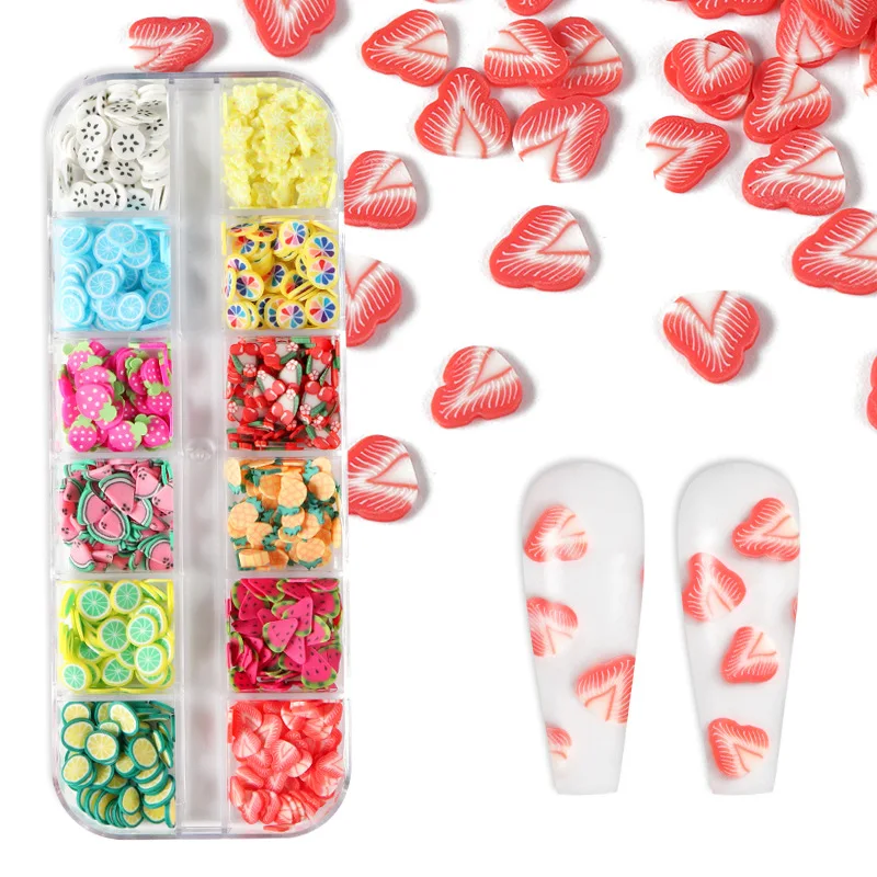 

New Arrival Fruit Nail Decals Colorful 12 Styles Mixed Polymer Fruit Slice 3D Nail Art Decoration Fruit Slices For Nails