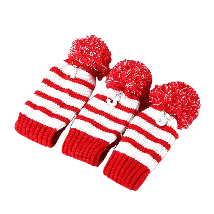 

Wholesale customized logo knitted pompoms Golf Club Headcovers, Black and white stripes/red and white stripes