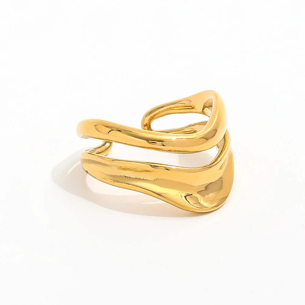 Joolim Women's 18K Gold Plated Stainless Steel Jewelry Classic Style Double-Layer Hollow Open Ring Engagement Party Wholesale