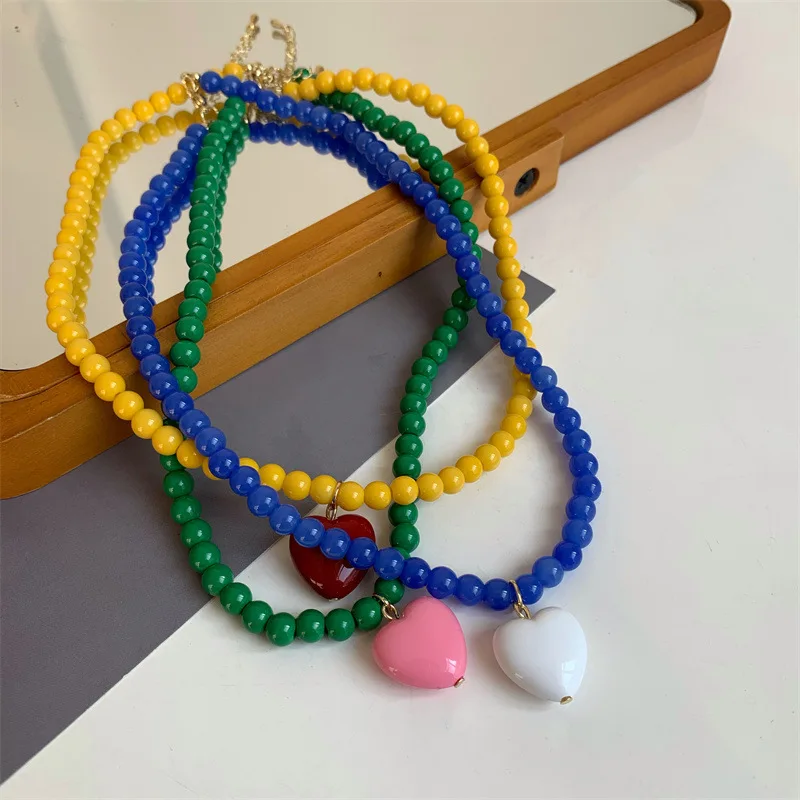 

JUHU 2022 New Spring Color Contrast Color Hand Beaded Niche Necklace With Candy Color Love Pendant Necklace Women, Colorful