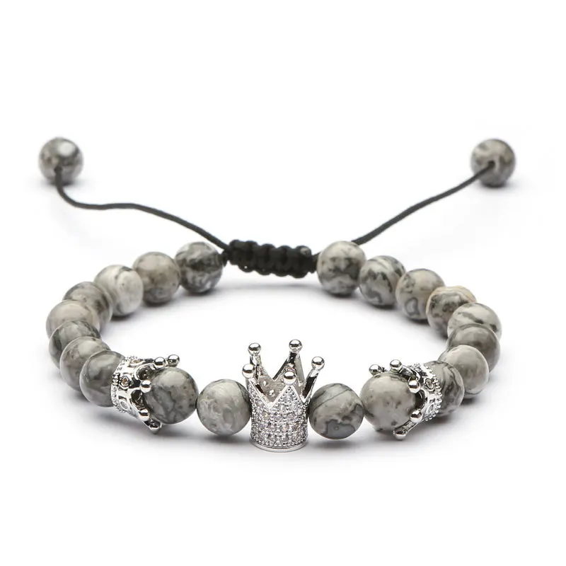 

Natural 8mm Semi-Precious Gemstones Stretch Beaded Bracelet w/ Copper Zircon Crown Charm Bracelet Handmade  Bangles, Gray