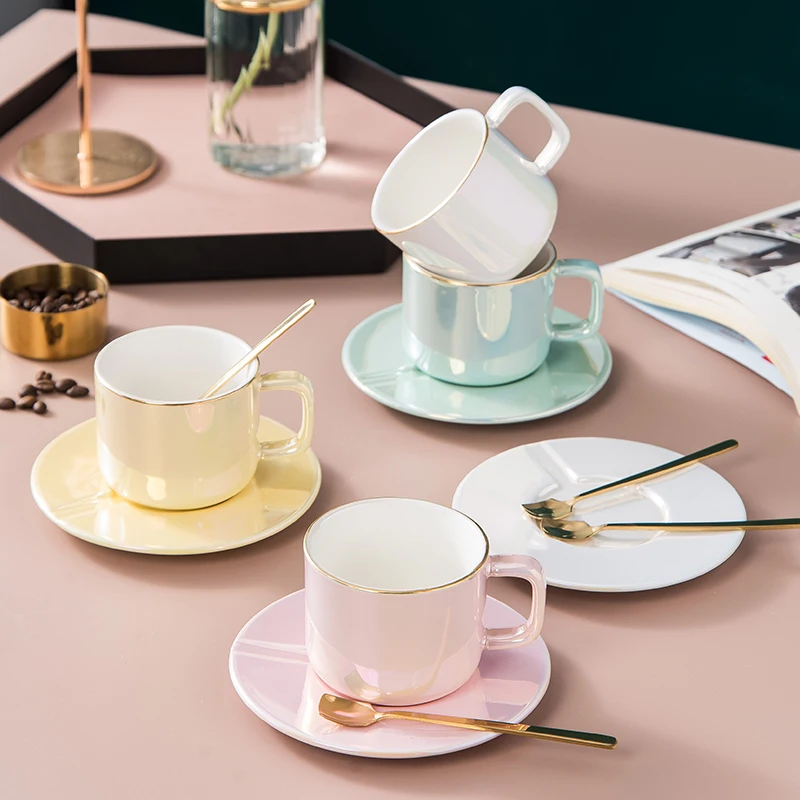 

2020 New Electroplating Colorful Ceramic Coffee Cup Gold Rim Pearl Glaze Porcelain Coffee Cup And Saucers Set, White/pink/green/yellow