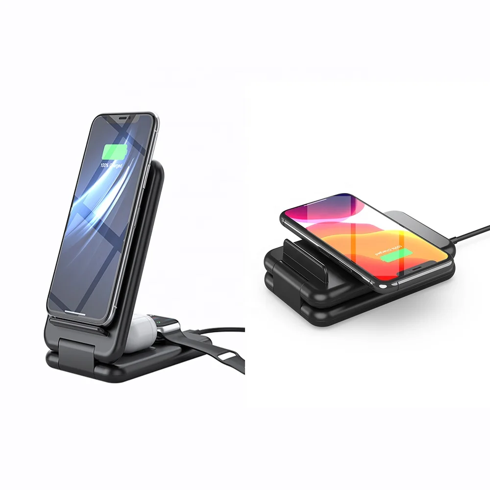 

Portable Folding 15 Watt 10 w Black Fast Charge Qi 3 in 1 Wireless Phone Charger Station Foldable Charging Dock Stand for Apple, Black, white, or custom color