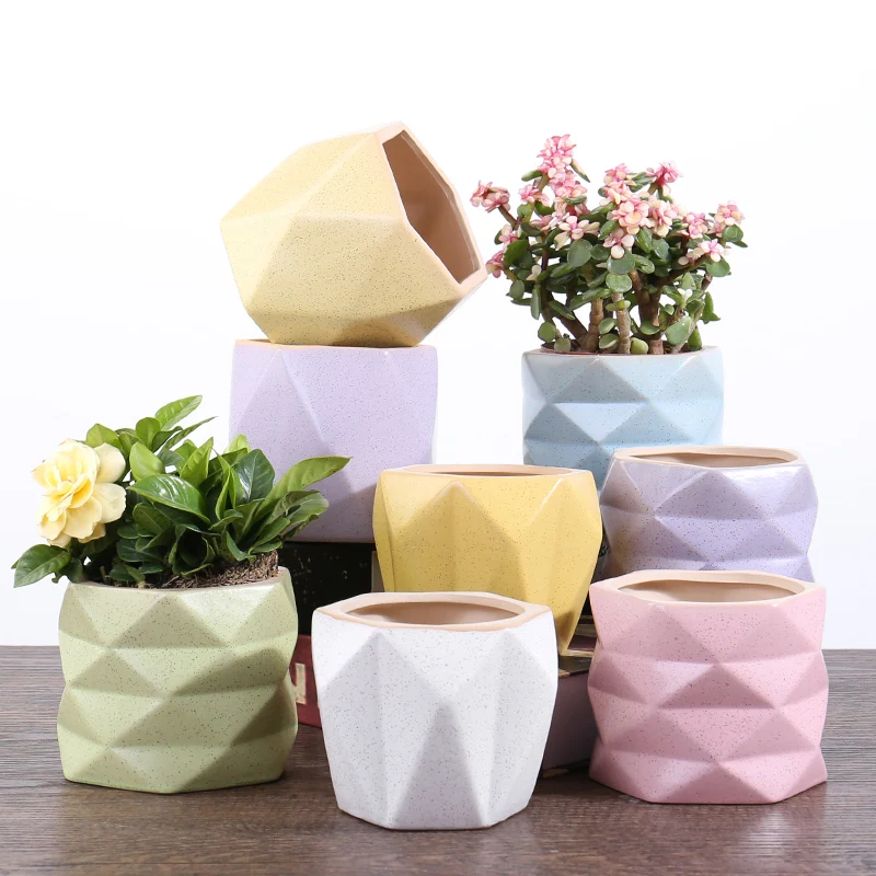 

modern simple white pottery pots Macaron polygon flower pot planter ceramic colorful flower pots & planters for home decor, White,blue,yellow,pink,green