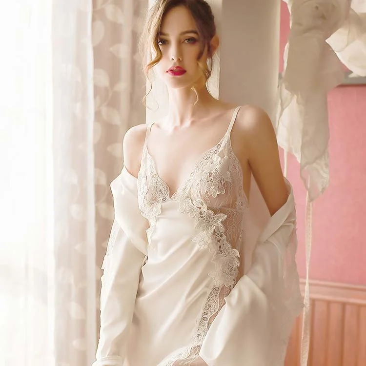 

Hot sale wholesale silk satin 2pcs robe set sleepwear summer sexy lingerie for women girlish baby doll night wear