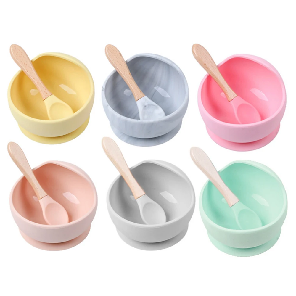 

Free Sample Best Selling Baby Cutlery Silicone Baby Suction Bowl With Bamboo Silicone Spoon, Blue/pink/yellow/green or customized