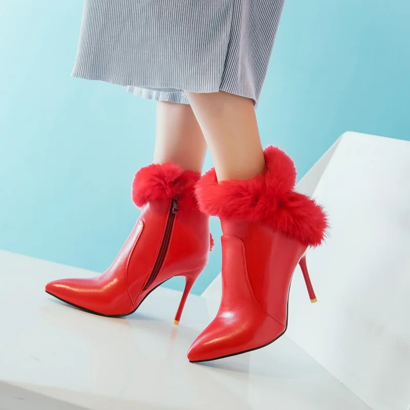 

New Fashion Women's Pointy Toe Warm Fur Stilettos High Heels Ankle Boots 34/43, Black/white/red