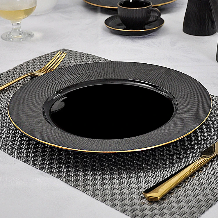 
P&T Royal Wholesale Matt Black Horeca Porcelain Gold Rim Embossing Ceramic Dinner Plate Crockery Restaurant Dinnerware P&T Royal Wholesale Matt Black Horeca Porcelain Gold Rim Embossing Ceramic Dinner Plate Crockery Restaurant Dinnerware