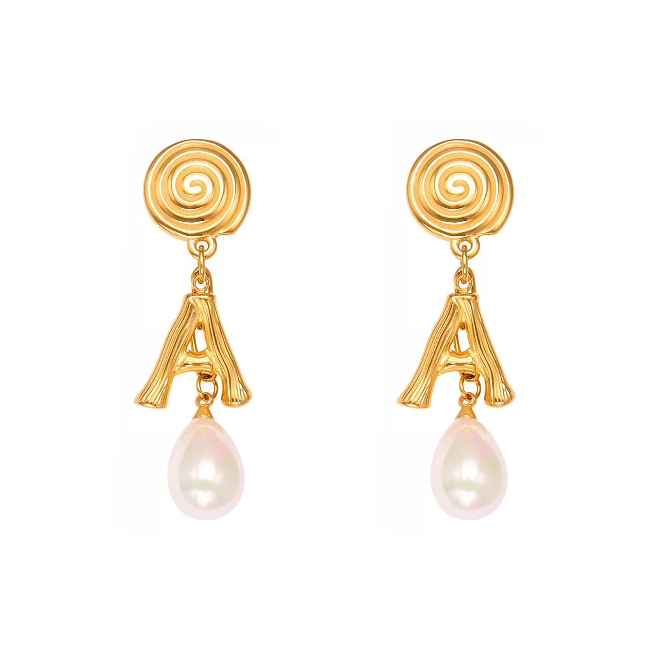Stainless Steel Threaded Letter a Beaded Tassel Pendant Earrings Gold Plated