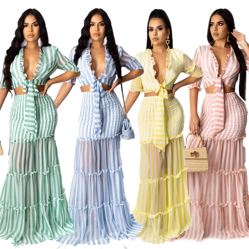 

striped chiffon printed suit bodycon evening set dress women dresses