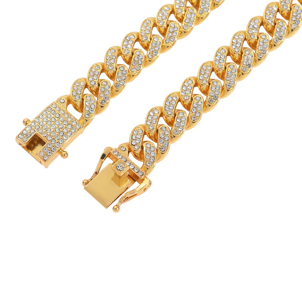 

European hip hop Full diamond 13mm Cuban link chain Cross border accessories jewelry Cuban hip hop men bracelet, Gold