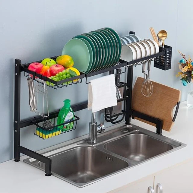 

Wholesale High Quality Kitchen Bowl Rack Double Sink Drain Rack Metal 85 Single Layer Double Trough Sink Rack, Black