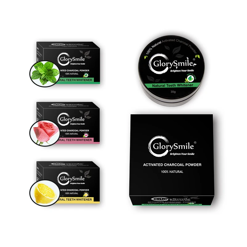 

CE Approved customize 30g lemon mint rose flavor charcoal tooth whitening powder with private logo