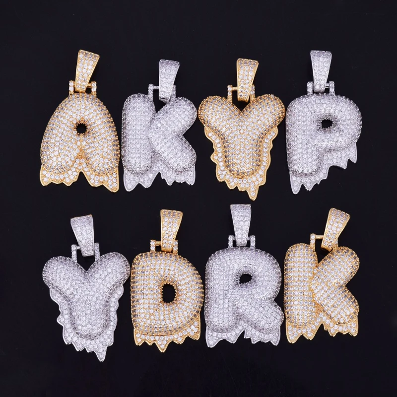 A-Z Custom Name White gold Drip Cubic Zircon Bubble Letters Necklaces Pendant For Men Hip Hop Jewelry