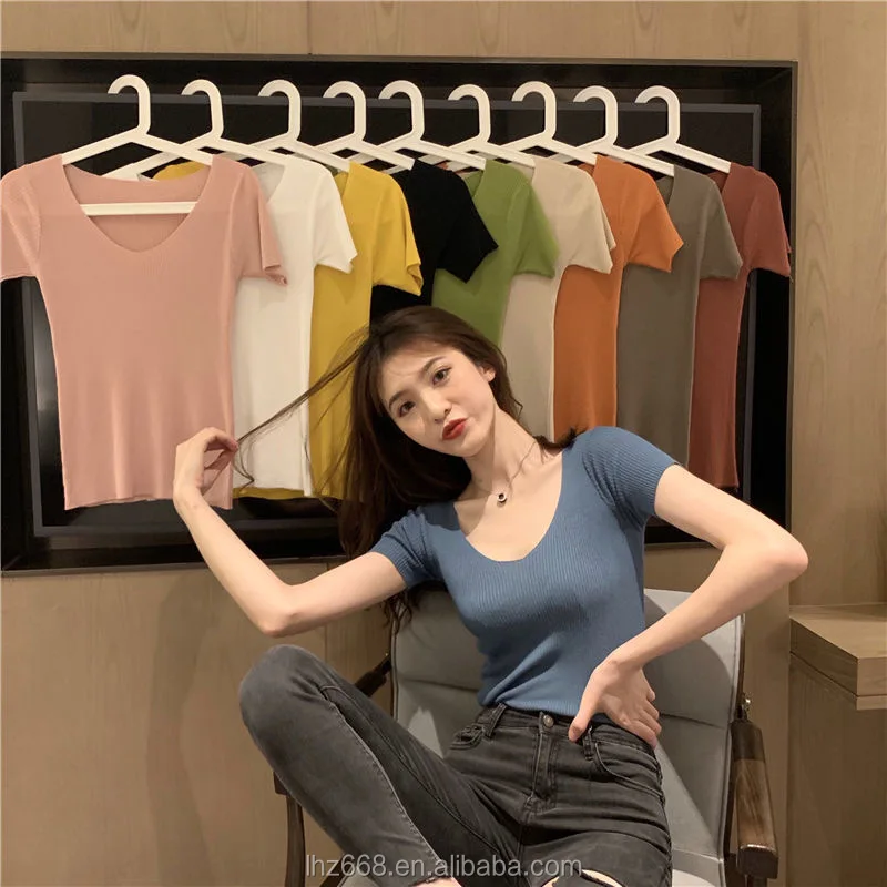 

Short Sleeve Knitwear Slim Fit Sweater Women Summer Girl's knitted cotton short sleeve Ladies top colorful Low Price Wholesale