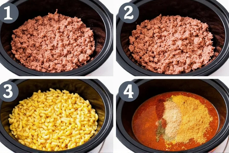 Step-by-step crockpot chili mac preparation showing browned ground beef, uncooked macaroni, and spice mixture in slow cooker