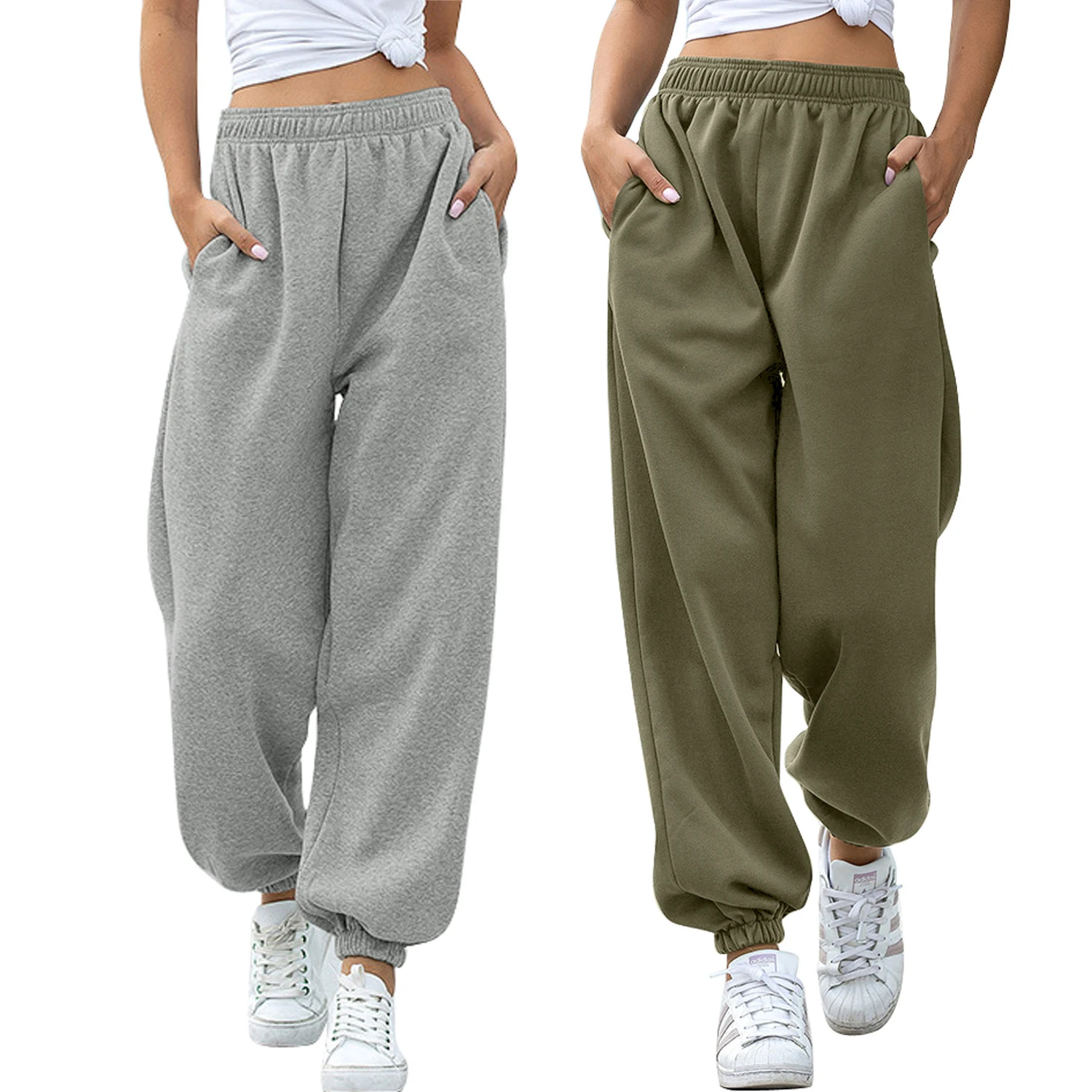 

High Quality Fashion Solid Grey Casual Baggy Jogger Sweatpants Women, Green, black, gray