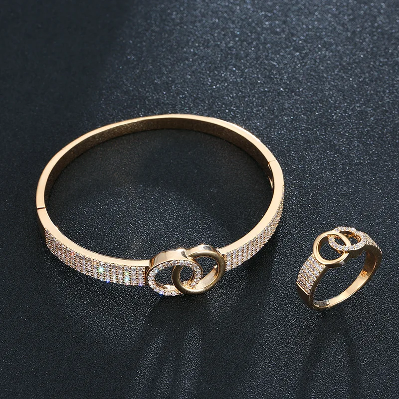 

Fashion high quality copper inlaid zircon double C bracelet ring set lady versatile elegant simple jewelry set