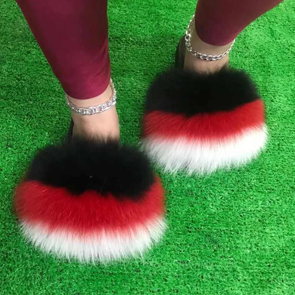 

Fur slippers high quality mink fur slides real fox white fox fur slides, Color matching or can be customized according to requirements