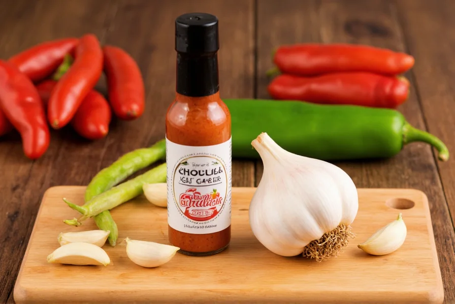 Cholula Chili Garlic bottle next to fresh garlic cloves and peppers on wooden cutting board