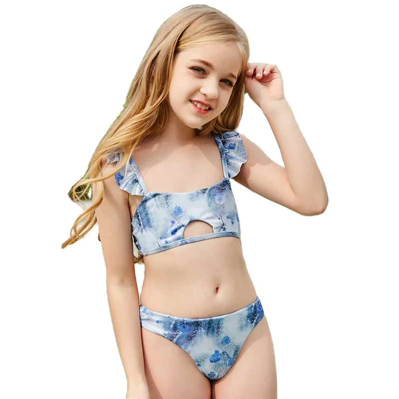 

Factory Lovely Girl's Adjustable Lace Strap Print Hollow Out Bra Panties Two Piece Bikini Swim Wear Set