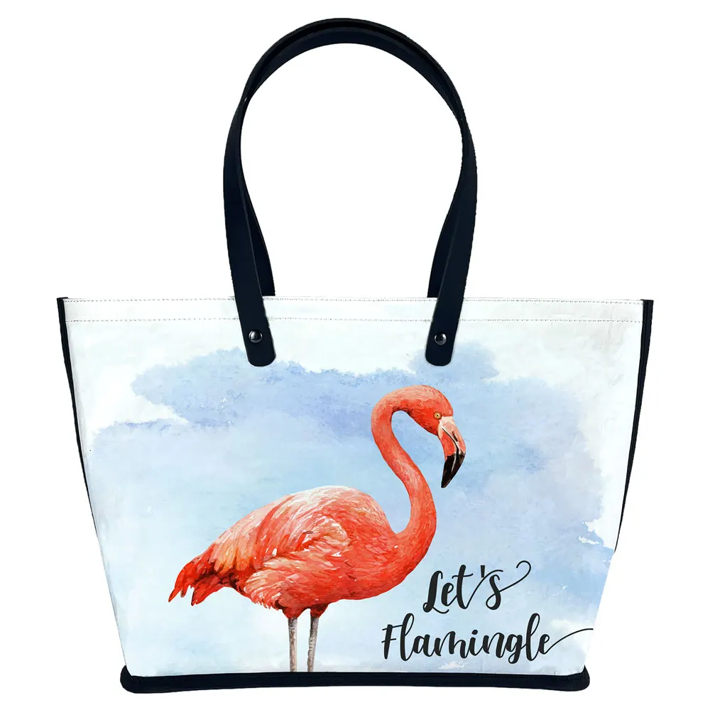 

2021 Vintage Trending custom design print on demand Flamingo pattern Sublimation FSC RPET kraft paper women handbag tote bags